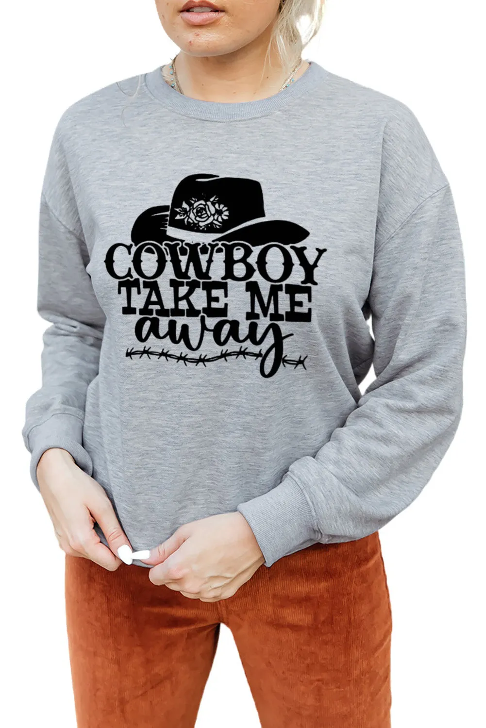 Gray COWBOY Take Me Away Hat Graphic Print Pullover Sweatshirt