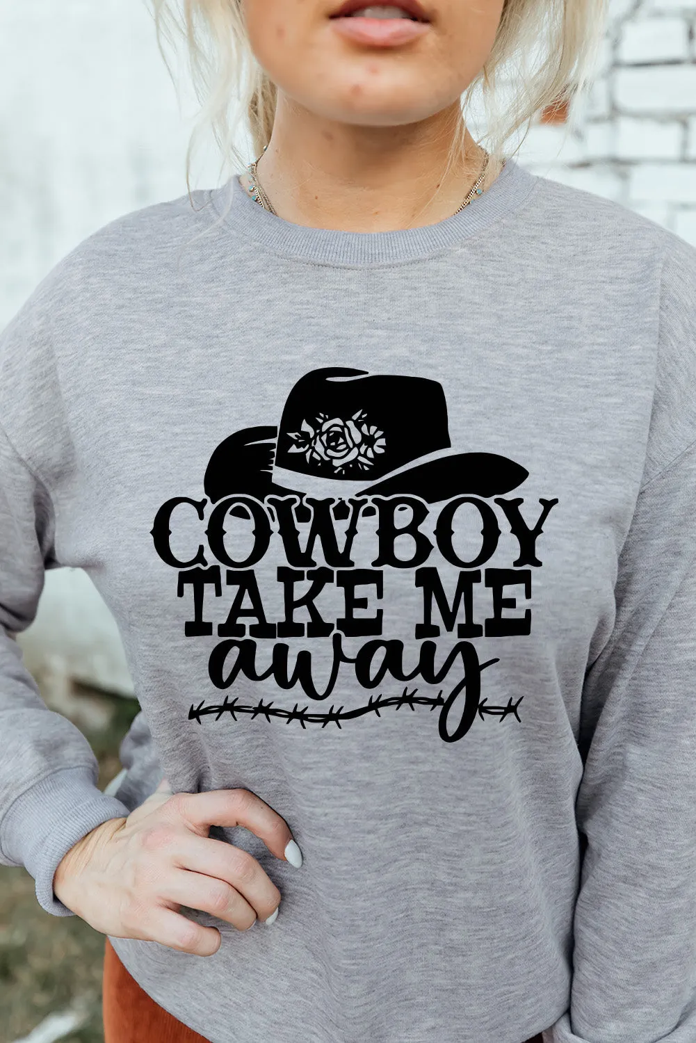 Gray COWBOY Take Me Away Hat Graphic Print Pullover Sweatshirt