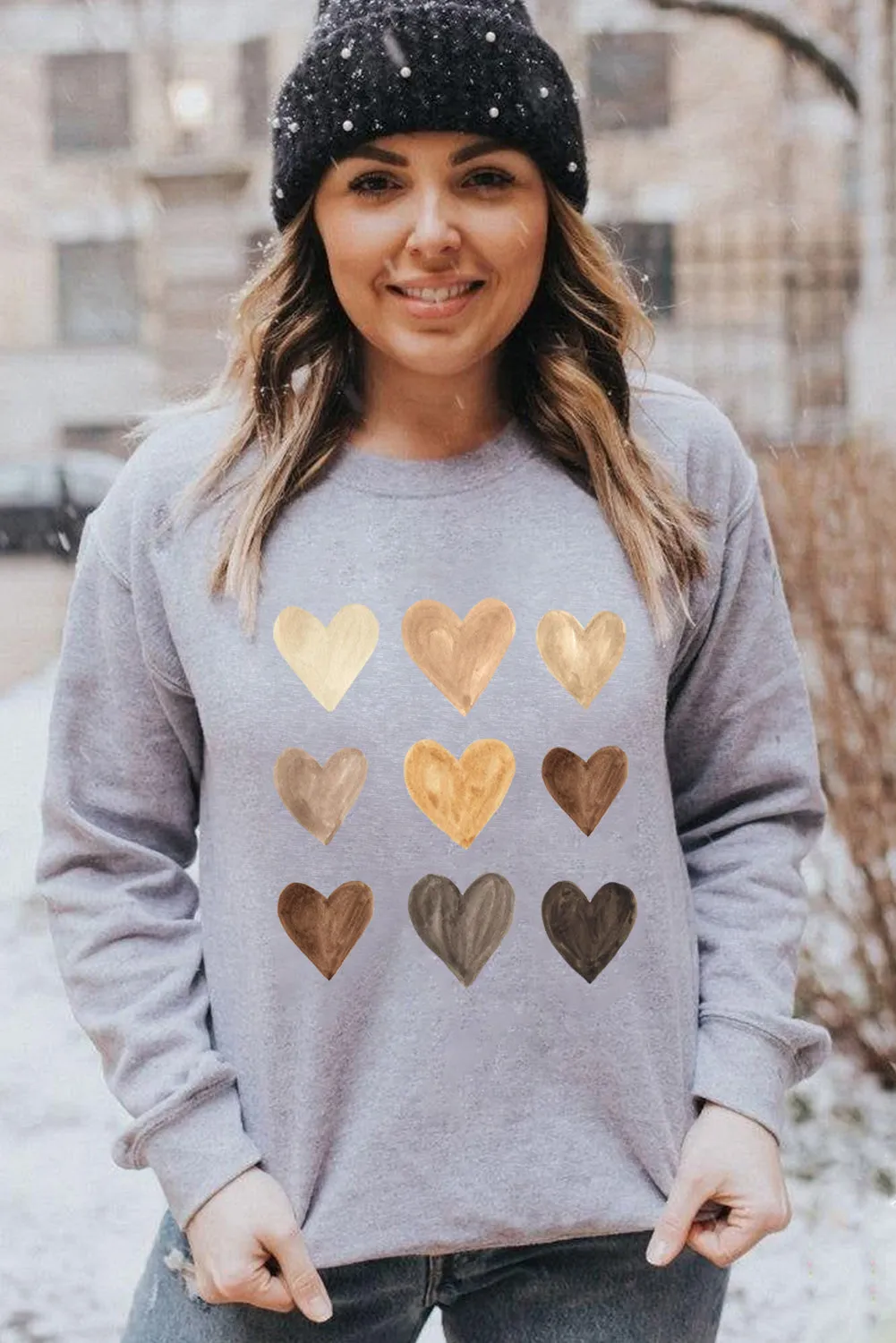 Gray Valentine Heart Print Crew Neck Pullover Sweatshirt