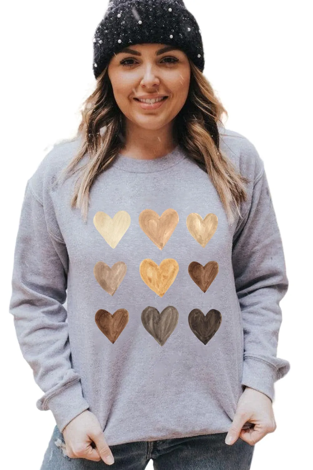 Gray Valentine Heart Print Crew Neck Pullover Sweatshirt