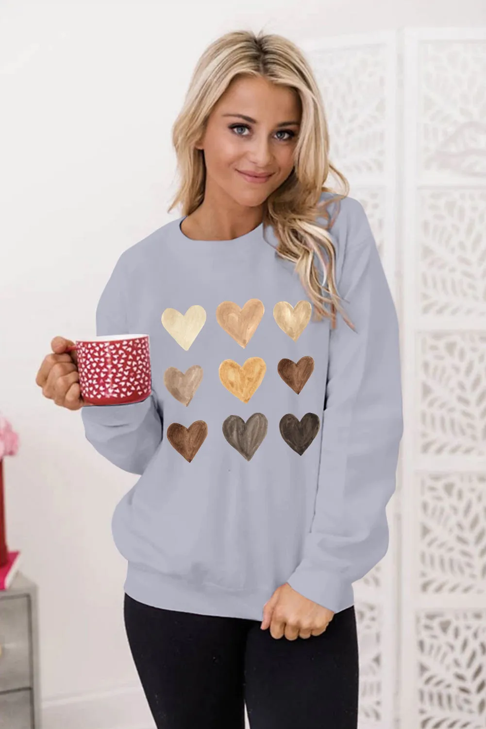 Gray Valentine Heart Print Crew Neck Pullover Sweatshirt