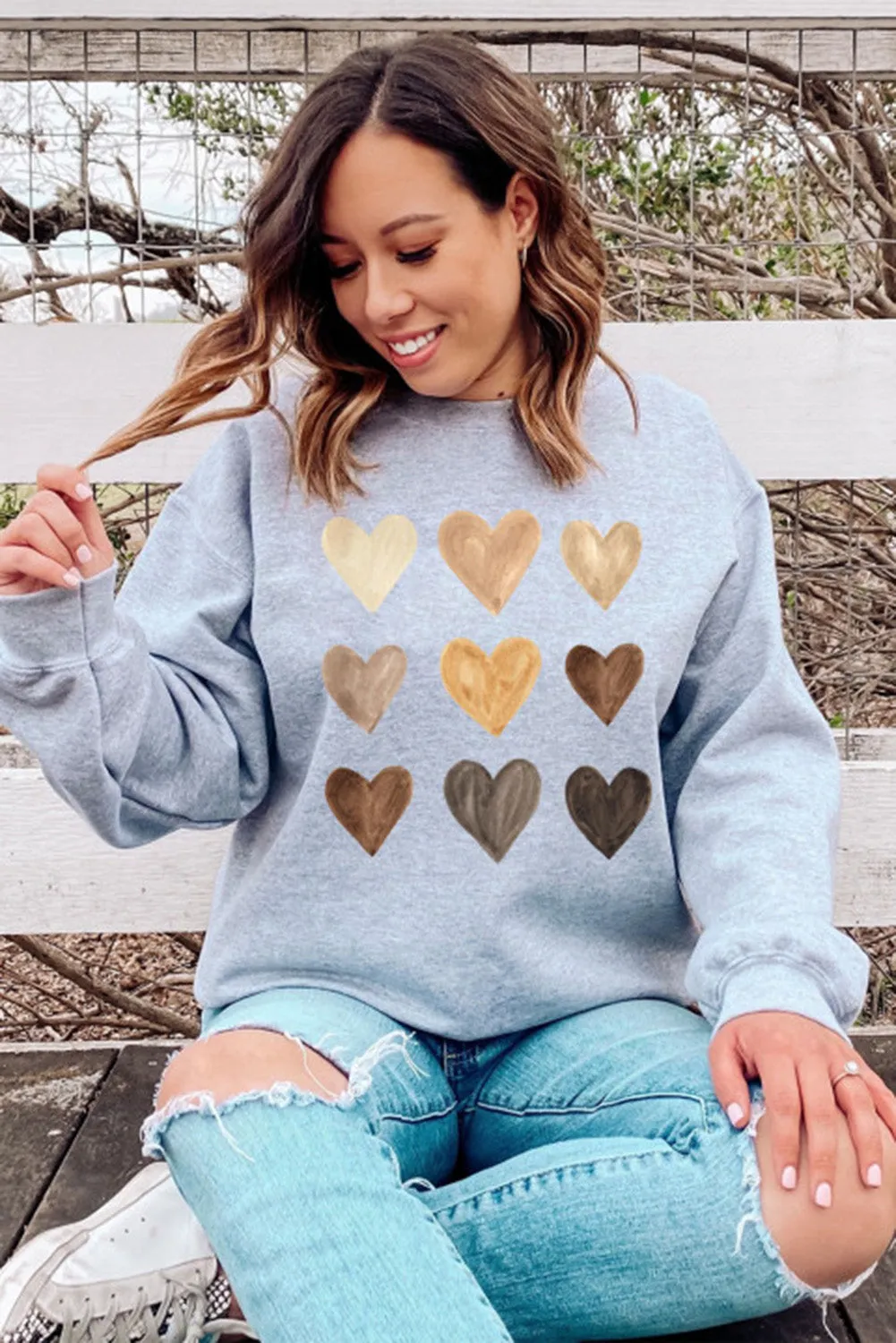 Gray Valentine Heart Print Crew Neck Pullover Sweatshirt