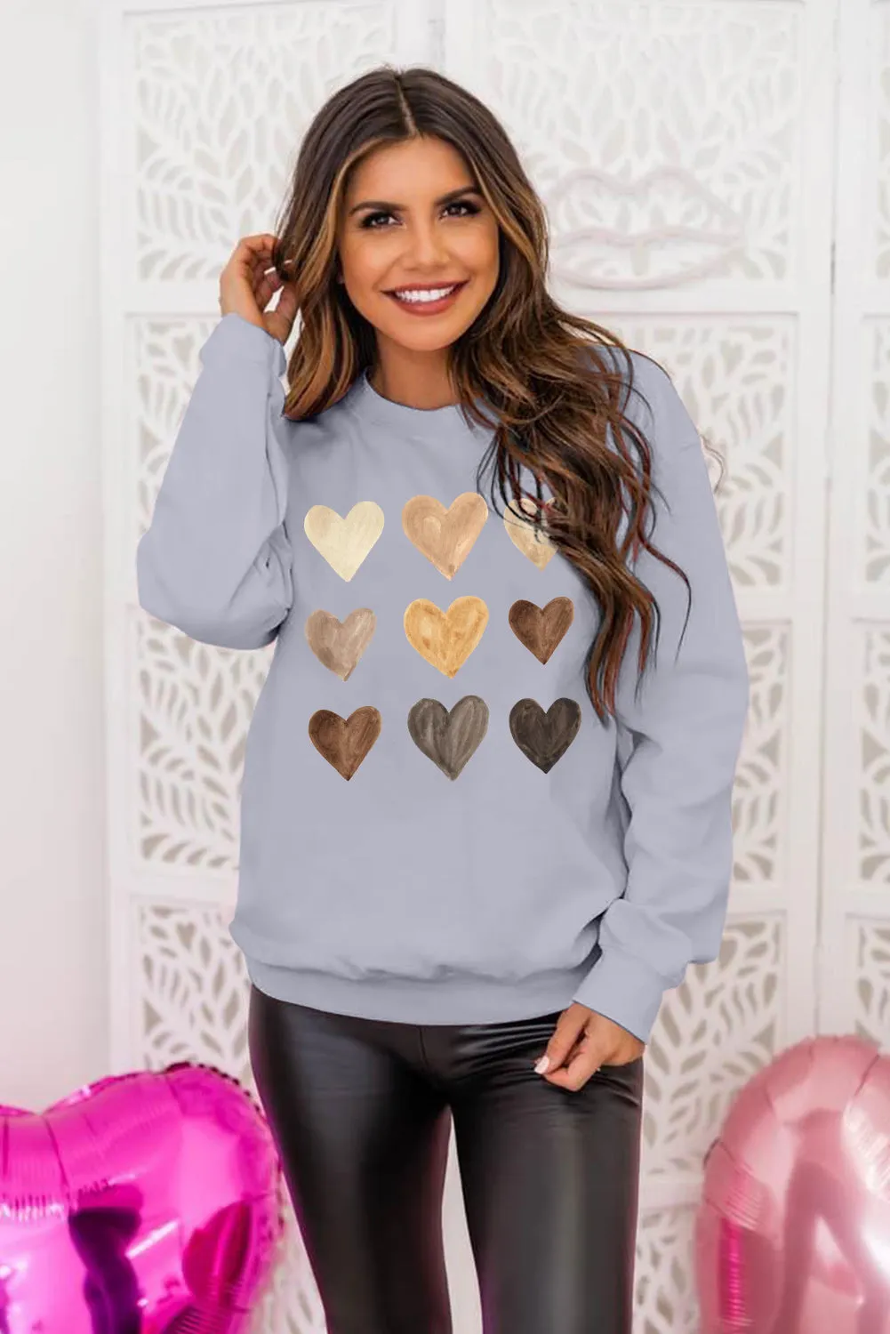 Gray Valentine Heart Print Crew Neck Pullover Sweatshirt
