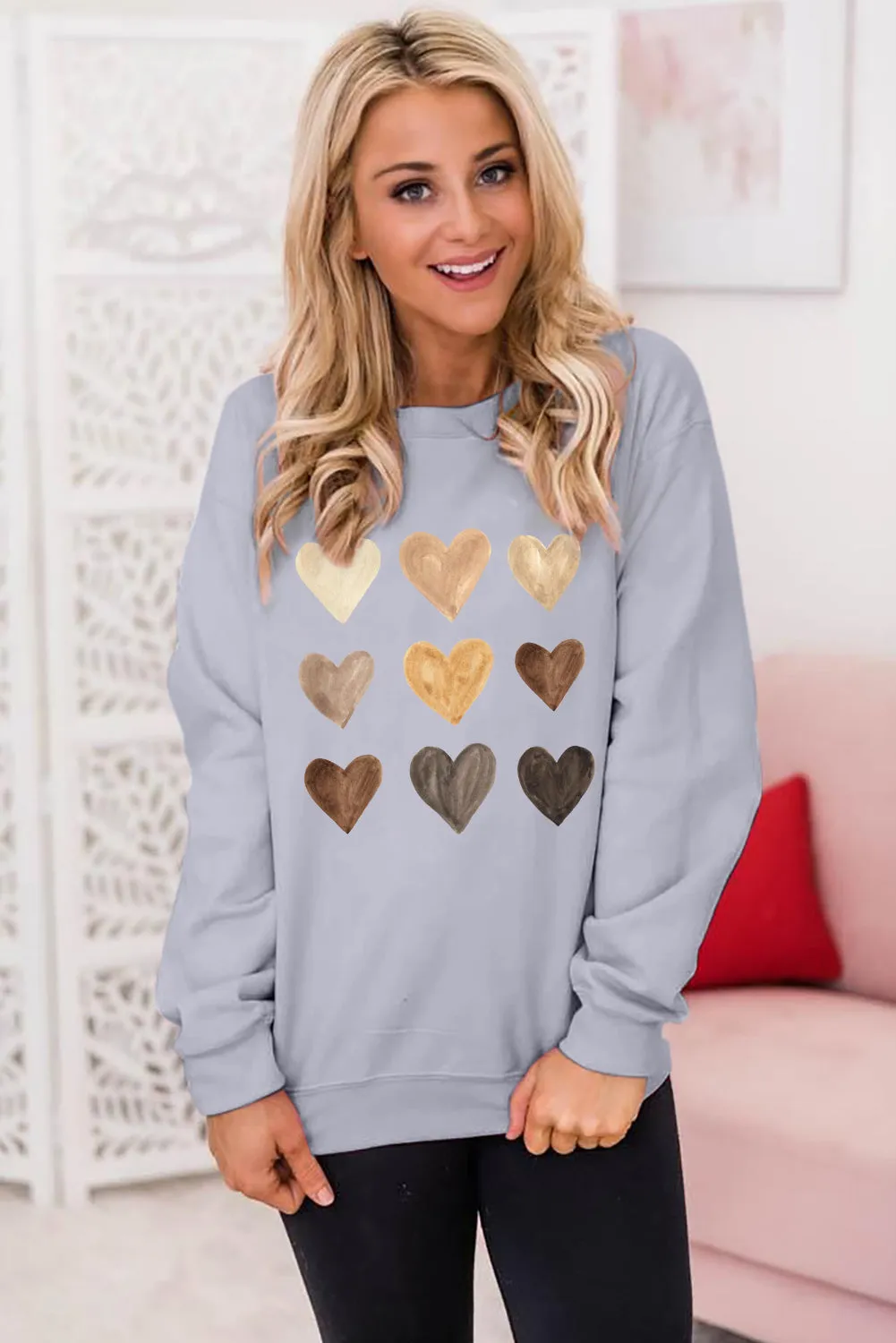 Gray Valentine Heart Print Crew Neck Pullover Sweatshirt