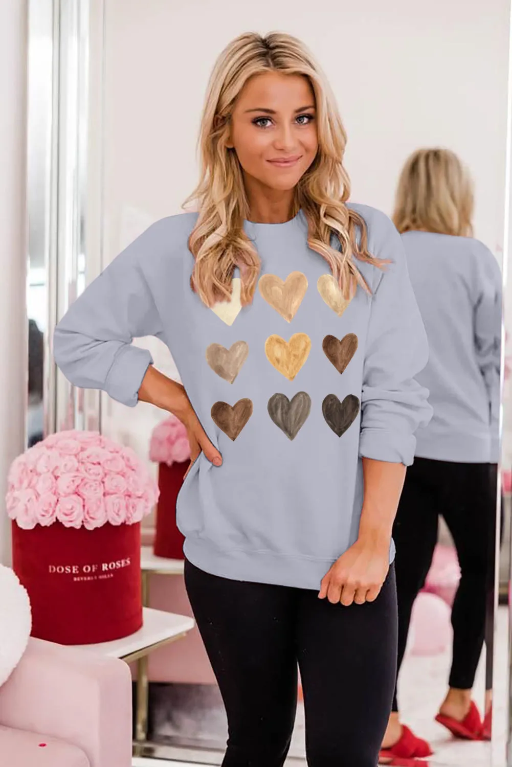 Gray Valentine Heart Print Crew Neck Pullover Sweatshirt