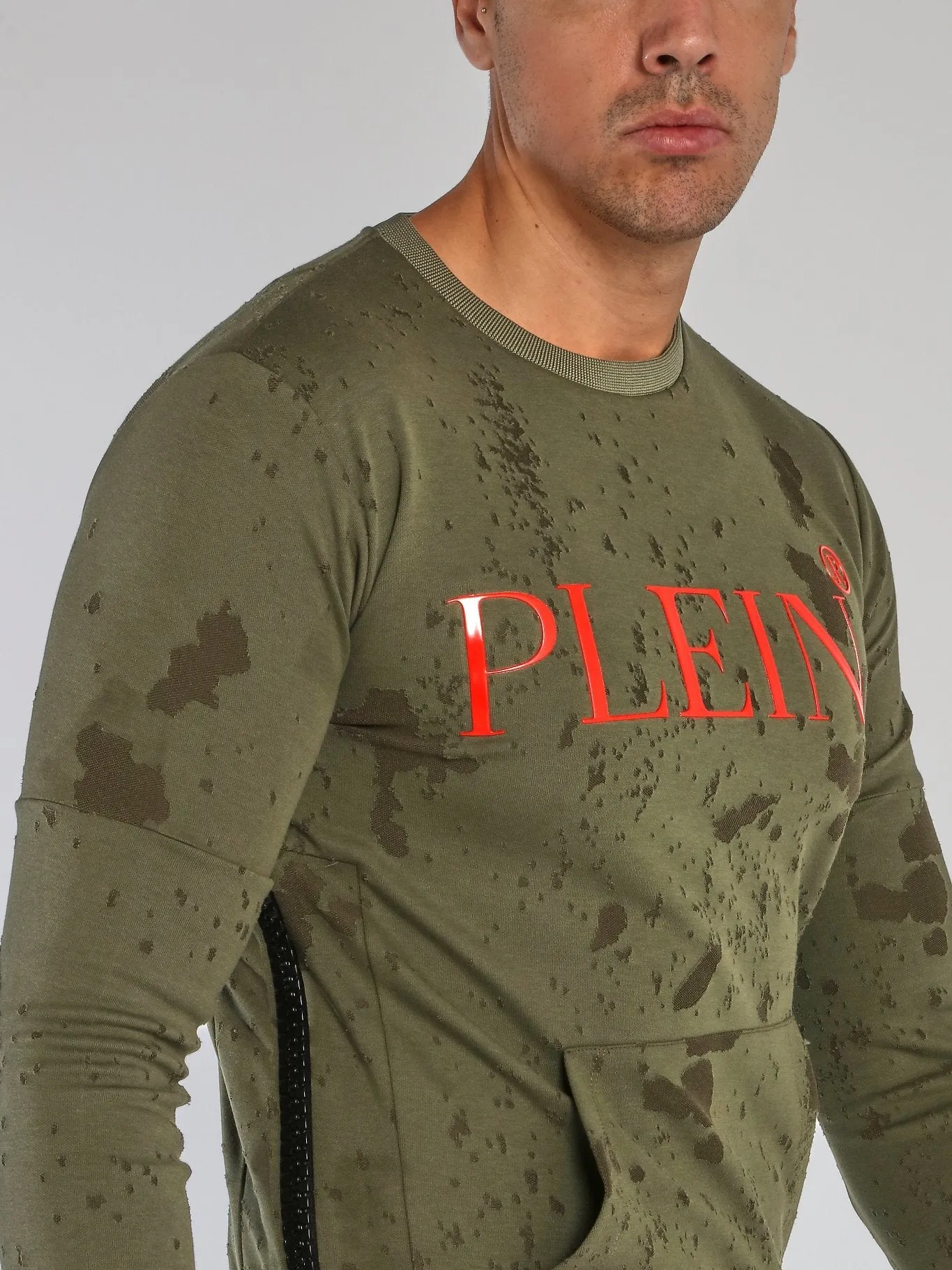 Green Side Zip Distressed Sweatshirt