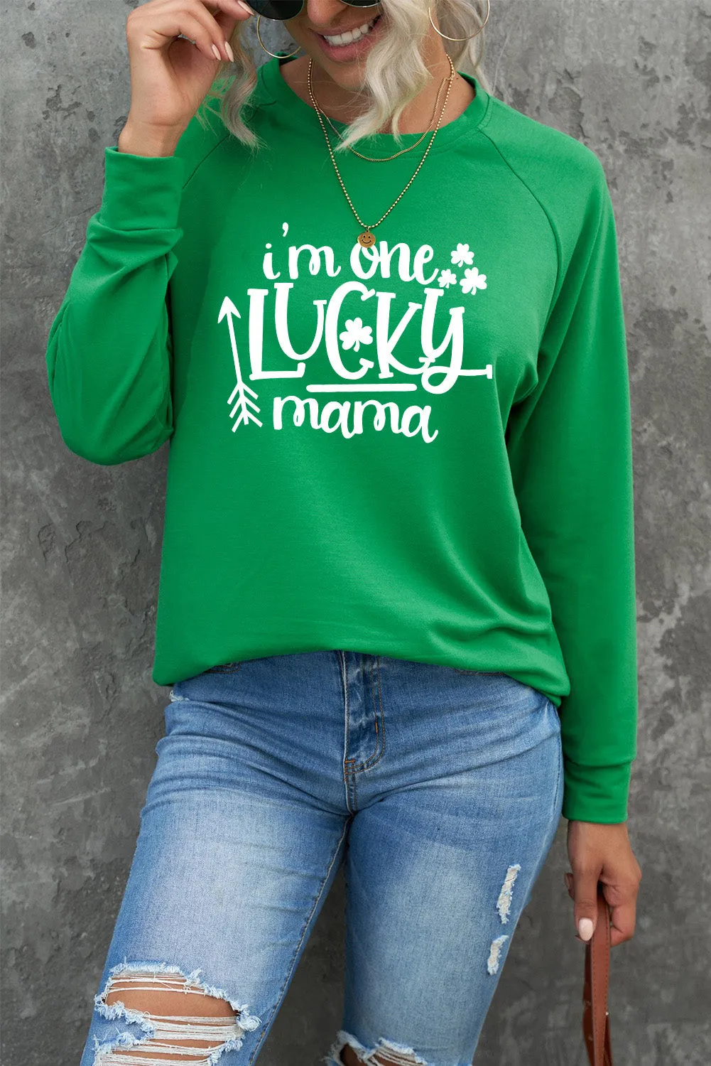 Green St. Patrick's Day Clover Letter Print Long Sleeve Sweatshirt