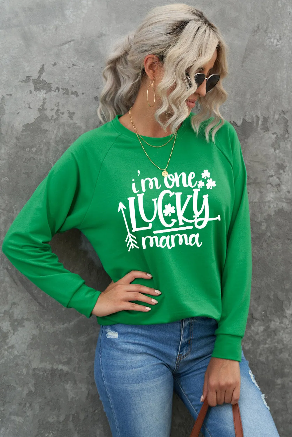 Green St. Patrick's Day Clover Letter Print Long Sleeve Sweatshirt