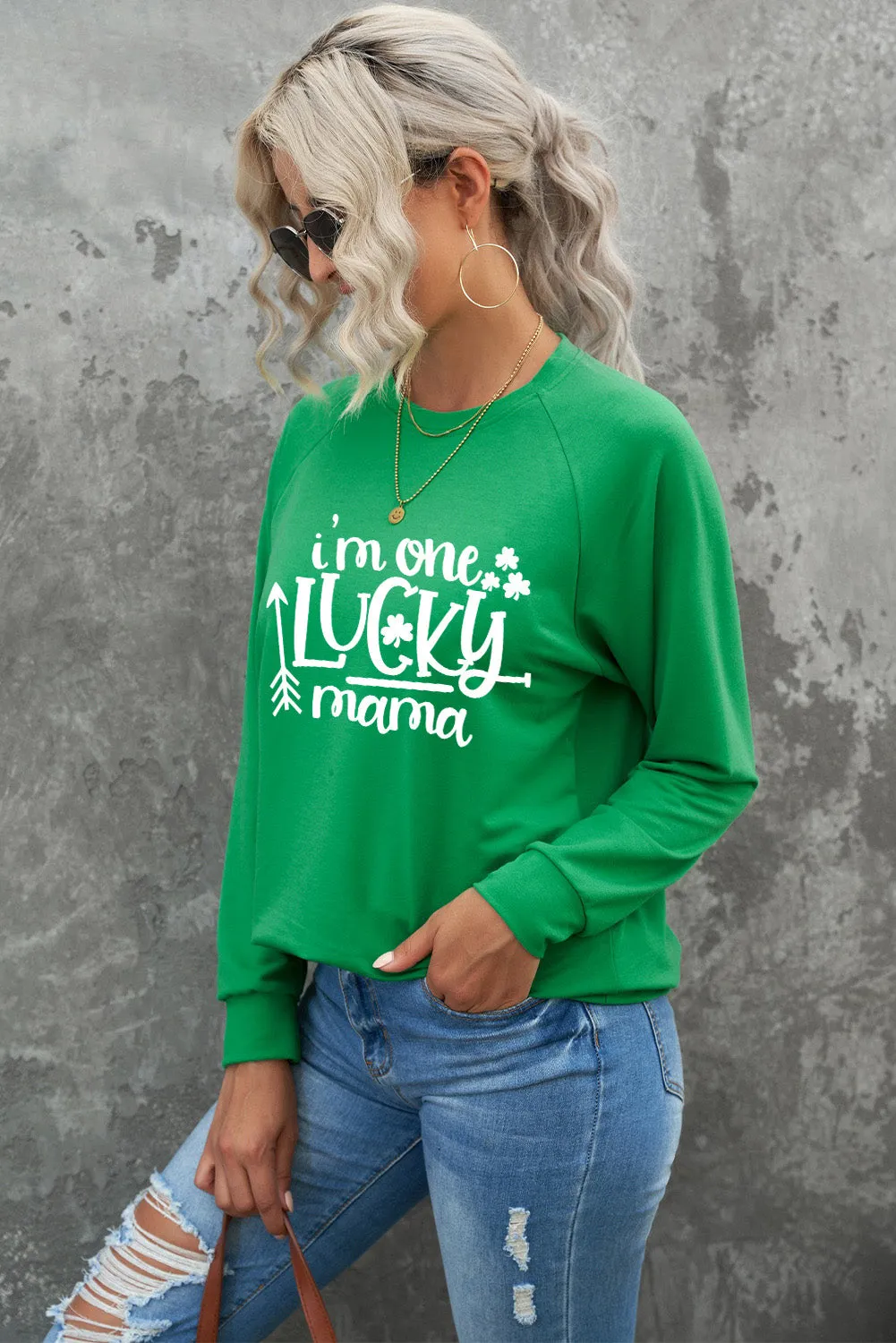 Green St. Patrick's Day Clover Letter Print Long Sleeve Sweatshirt
