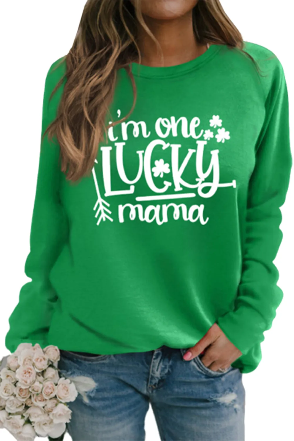 Green St. Patrick's Day Clover Letter Print Long Sleeve Sweatshirt