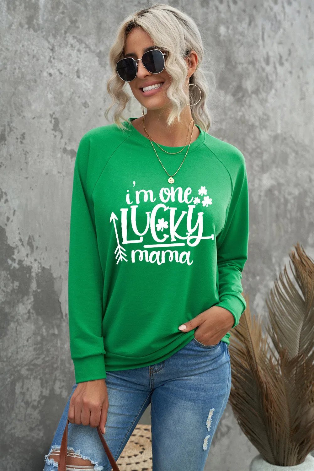 Green St. Patrick's Day Clover Letter Print Long Sleeve Sweatshirt