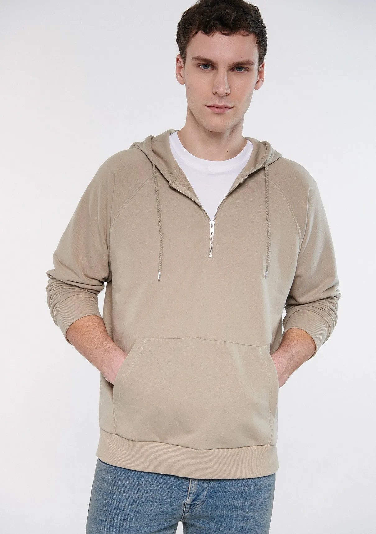 Half Zip Brown Hooded Sweatshirt