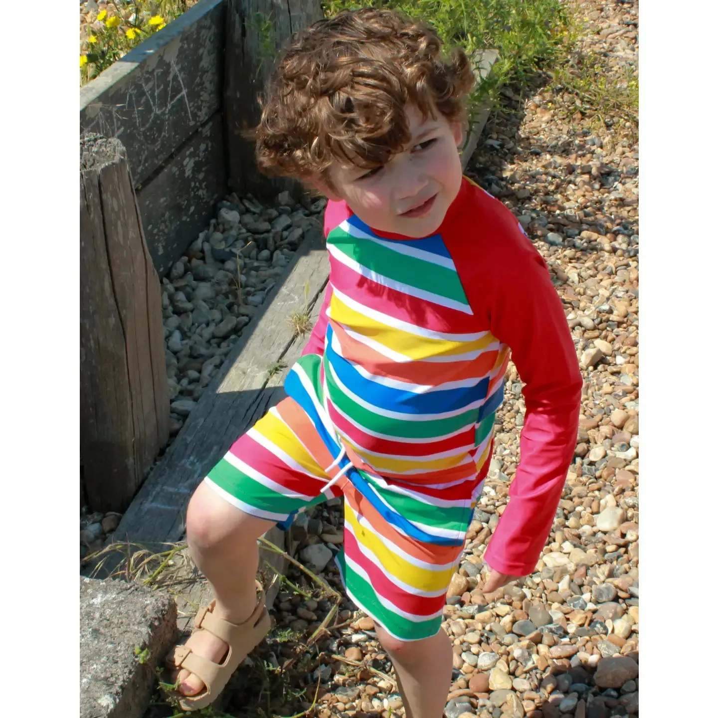 Happy Stripe Print Swim Shirt