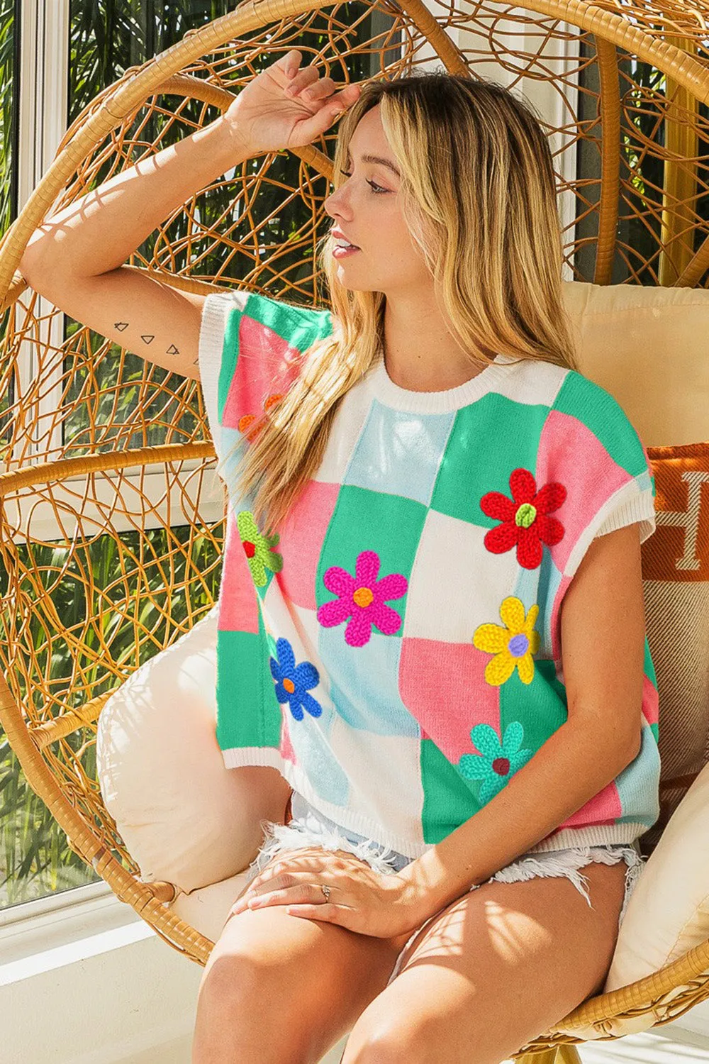 Hazel Blues® |  BiBi Flower Patch Checkered Sweater Vest