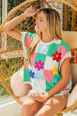 Hazel Blues® |  BiBi Flower Patch Checkered Sweater Vest