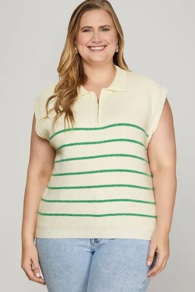 Hazel Blues® | She   Sky Ribbed Hem Striped Half Zip Sweater Vest