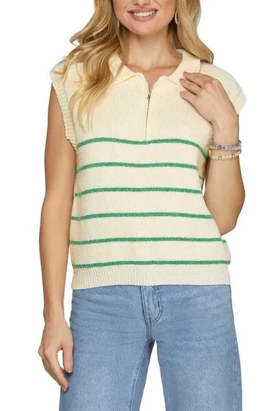 Hazel Blues® | She   Sky Ribbed Hem Striped Half Zip Sweater Vest