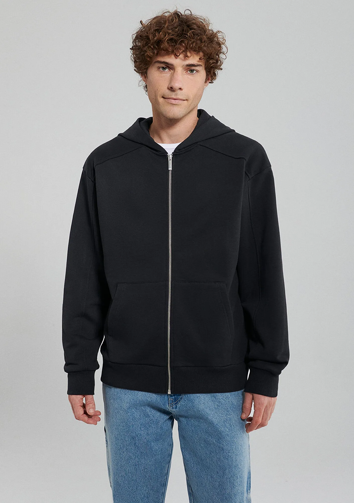 Hooded Black Basic Zip Up Sweatshirt