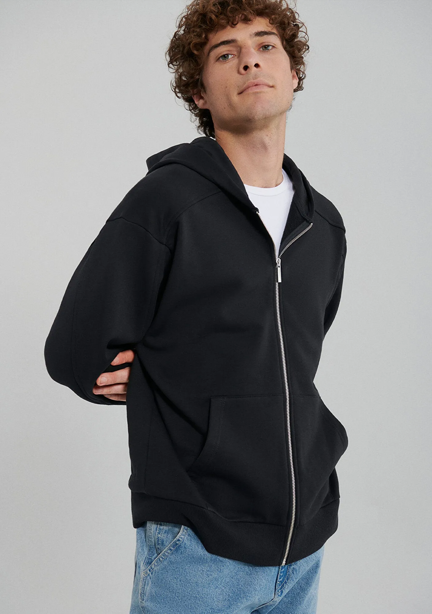 Hooded Black Basic Zip Up Sweatshirt