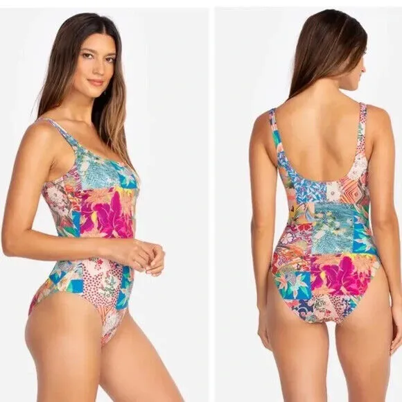 Johnny Was Barcelona One Piece Swimsuit Rash Guard Floral Red Blue Swimwear NEW