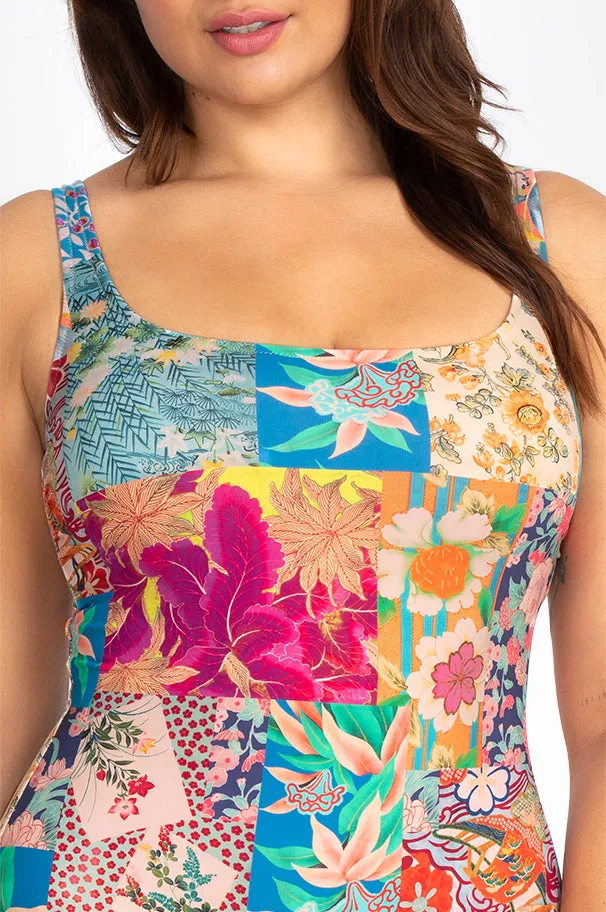 Johnny Was Barcelona One Piece Swimsuit Rash Guard Floral Red Blue Swimwear NEW