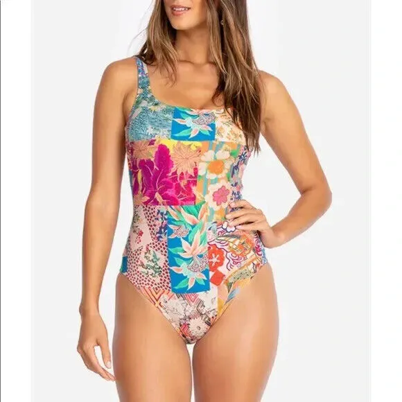 Johnny Was Barcelona One Piece Swimsuit Rash Guard Floral Red Blue Swimwear NEW
