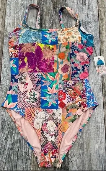 Johnny Was Barcelona One Piece Swimsuit Rash Guard Floral Red Blue Swimwear NEW