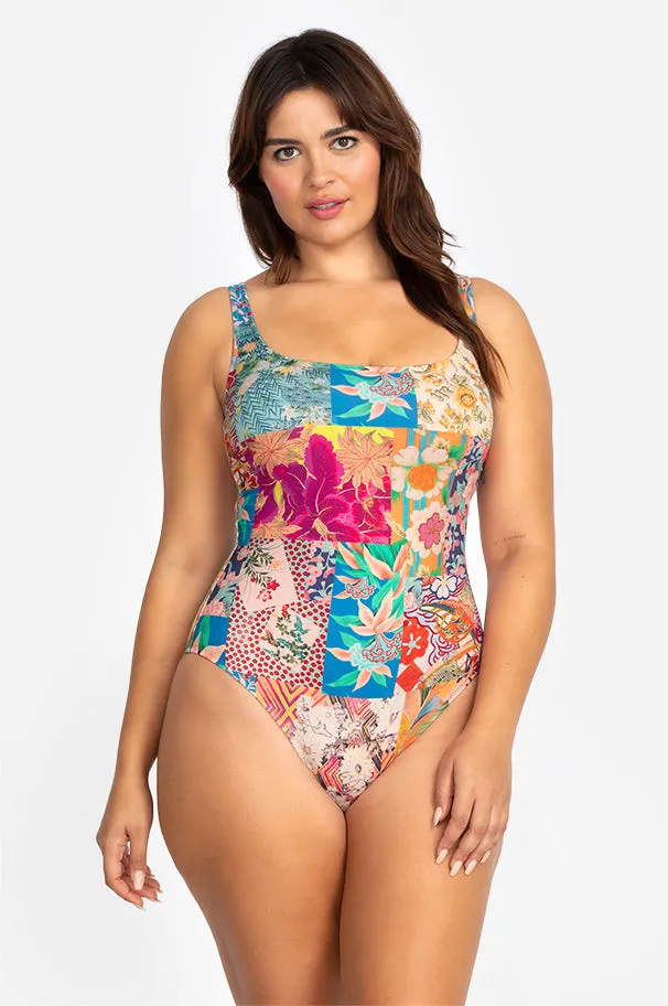 Johnny Was Barcelona One Piece Swimsuit Rash Guard Floral Red Blue Swimwear NEW