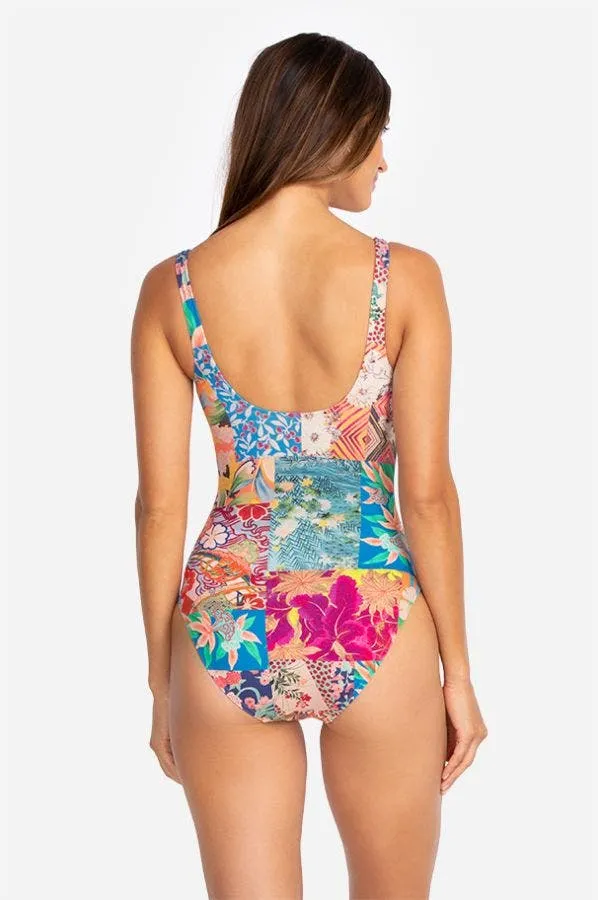 Johnny Was Barcelona One Piece Swimsuit Rash Guard Floral Red Blue Swimwear NEW
