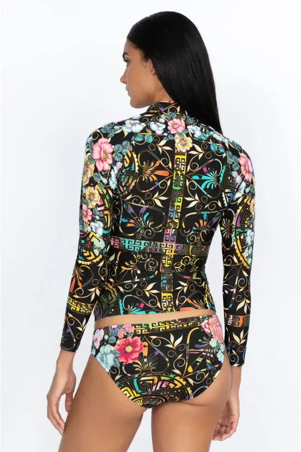 JOHNNY WAS Swimwear JOY SURF SHIRT Long Sleeve Floral Black Top New