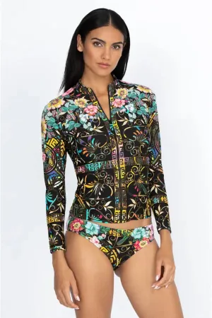 JOHNNY WAS Swimwear JOY SURF SHIRT Long Sleeve Floral Black Top New