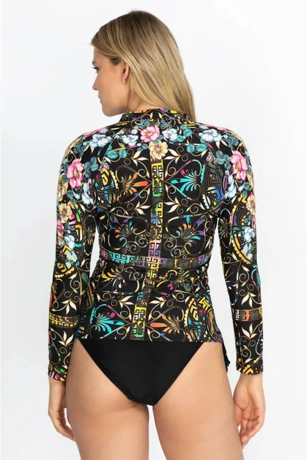 JOHNNY WAS Swimwear JOY SURF SHIRT Long Sleeve Floral Black Top New