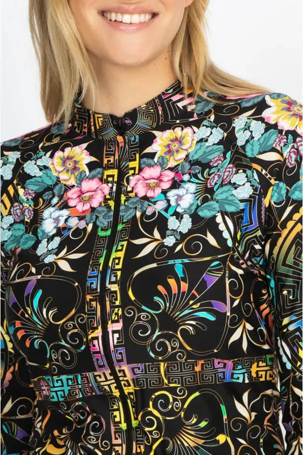 JOHNNY WAS Swimwear JOY SURF SHIRT Long Sleeve Floral Black Top New