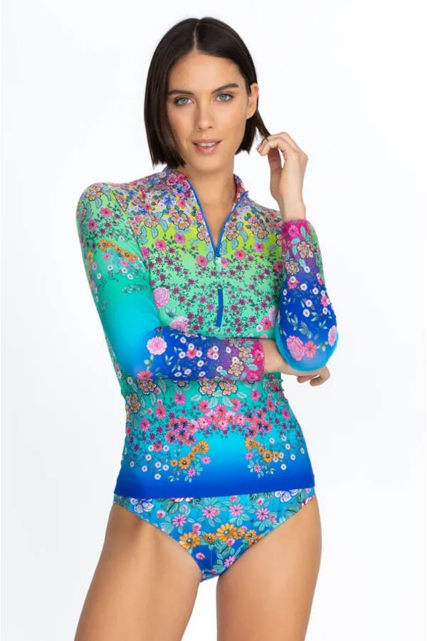 Johnny Was Swimwear SURF SHIRT Comfort Rash Guard Floral Blue Multi Top New