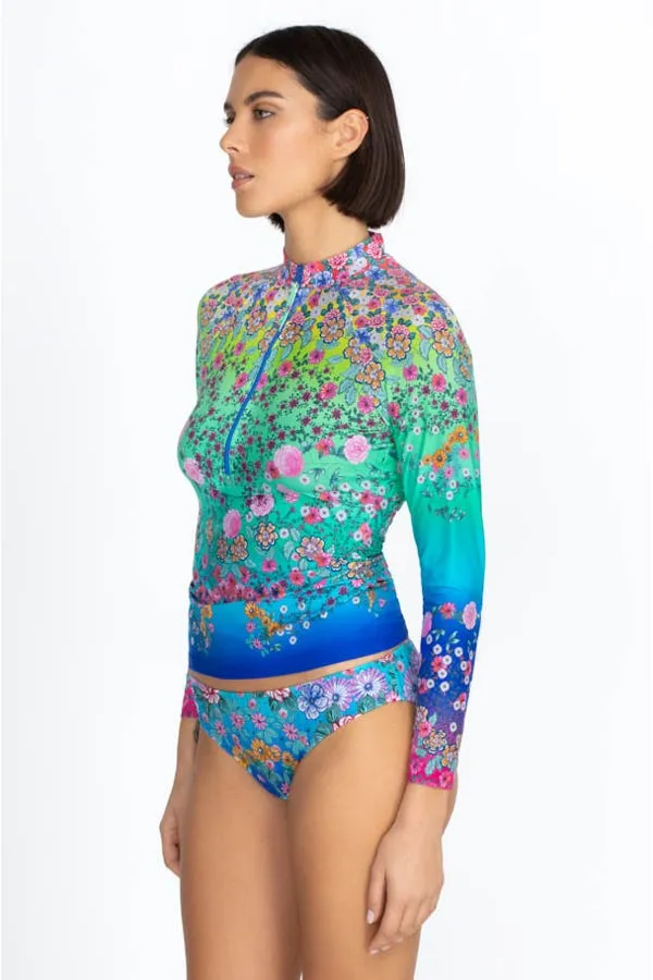 Johnny Was Swimwear SURF SHIRT Comfort Rash Guard Floral Blue Multi Top New