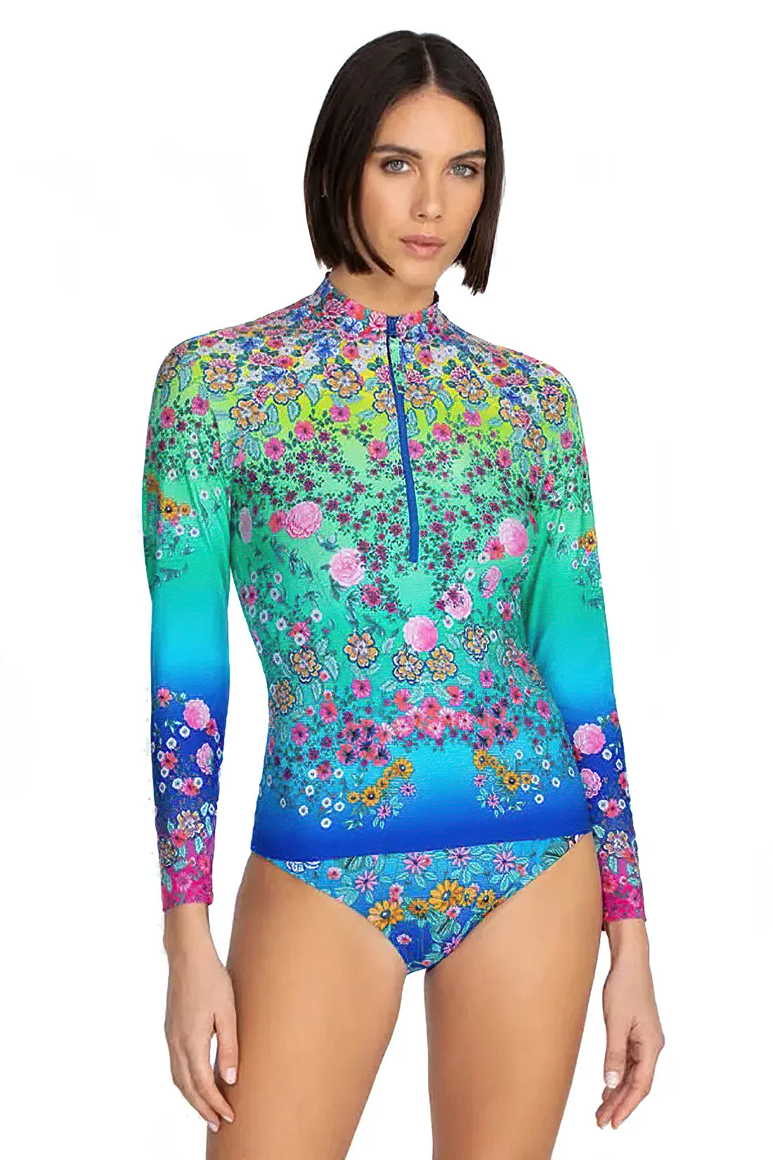 Johnny Was Swimwear SURF SHIRT Comfort Rash Guard Floral Blue Multi Top New