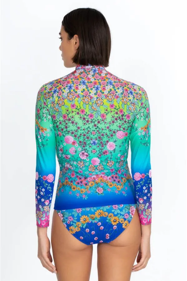 Johnny Was Swimwear SURF SHIRT Comfort Rash Guard Floral Blue Multi Top New