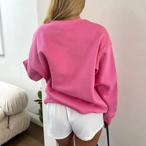 Karwuiio Women's Cute Bow Prin Sweatshirt Long Sleeve Oversized Crewneck Pullover Top Teen Girls Sweatshirts (Pink, S)