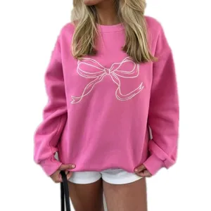 Karwuiio Women's Cute Bow Prin Sweatshirt Long Sleeve Oversized Crewneck Pullover Top Teen Girls Sweatshirts (Pink, S)