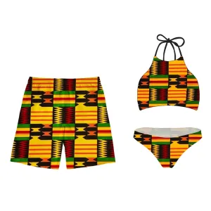 KEIAHUAN Retro Style Matching Couples Swimsuit Summer Beachwear Matching Swimwear African Tribal Traditional Print Women Sexy Bikini Set 2pcs-M
