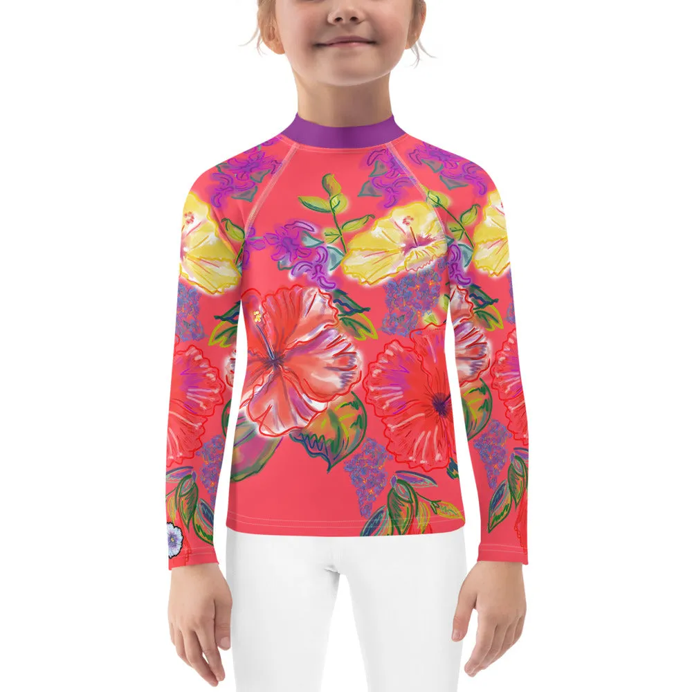 Kids (Keiki) Rash Guard: Tropical Flowers, Orchids & Hibiscus in Coral