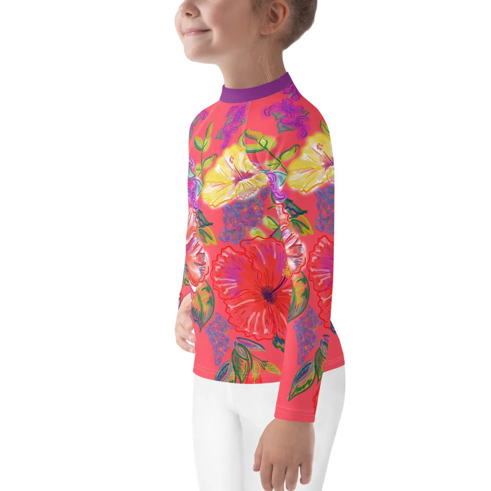 Kids (Keiki) Rash Guard: Tropical Flowers, Orchids & Hibiscus in Coral