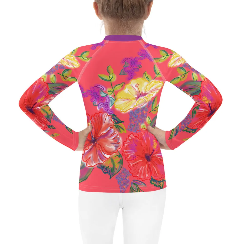Kids (Keiki) Rash Guard: Tropical Flowers, Orchids & Hibiscus in Coral