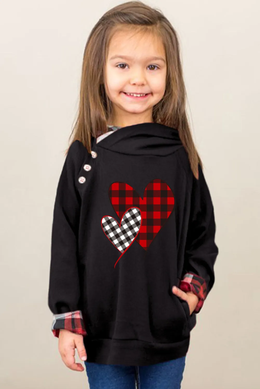 Kids Plaid Heart Graphic Double Hooded Sweatshirt