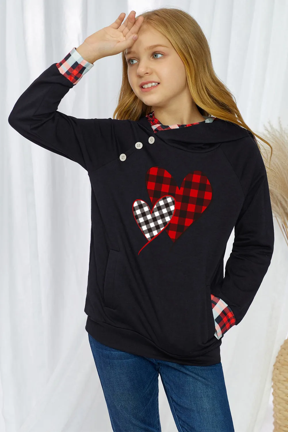 Kids Plaid Heart Graphic Double Hooded Sweatshirt