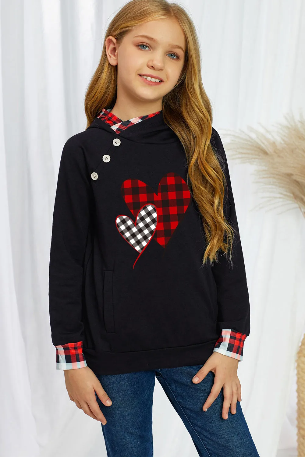 Kids Plaid Heart Graphic Double Hooded Sweatshirt