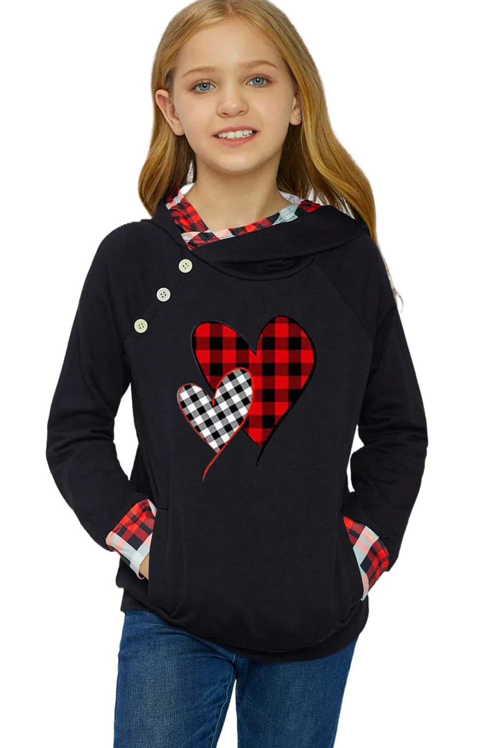 Kids Plaid Heart Graphic Double Hooded Sweatshirt