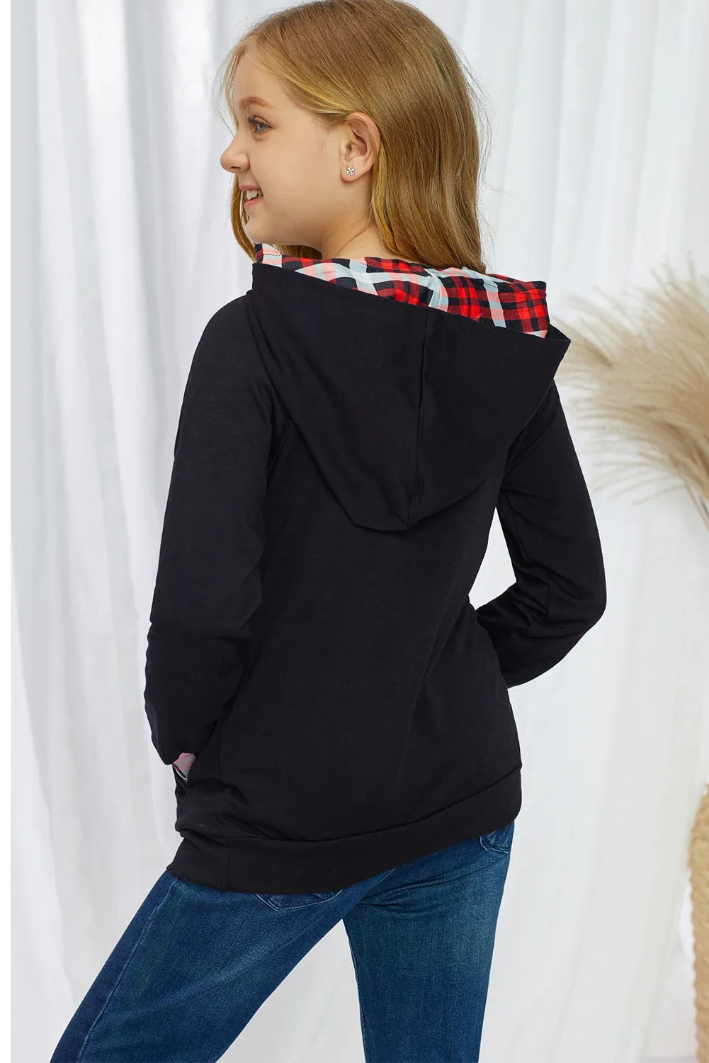 Kids Plaid Heart Graphic Double Hooded Sweatshirt