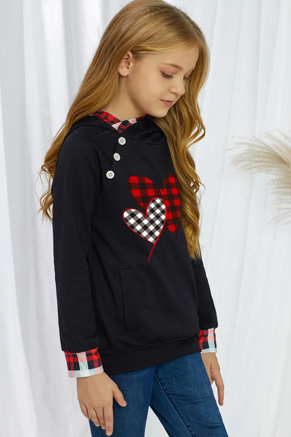 Kids Plaid Heart Graphic Double Hooded Sweatshirt