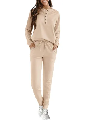 KIRUNDO Womens Sweatsuits 2 Piece Set 2024 Fall Winter Button Henley Sweatshirt Drawstring Pants Lounge Sets with Pockets(Khaki Medium)
